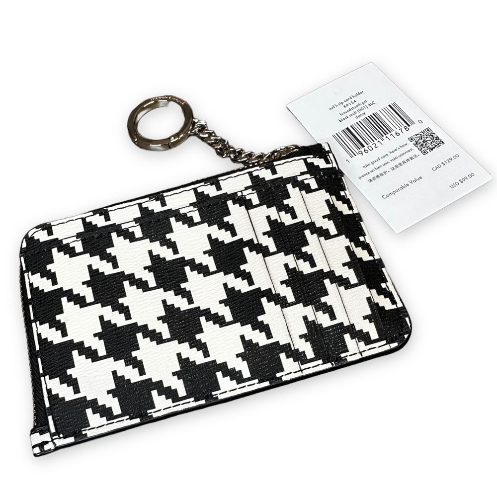 Kate Spade Darcy L-Zip Card Holder Houndstooth Black & White Keychain Zip Around